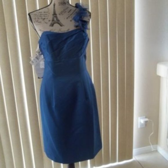 Indigo Blue Satin One Shoulder Sheath Short Party Dress Size 10 - Picture 4 of 8